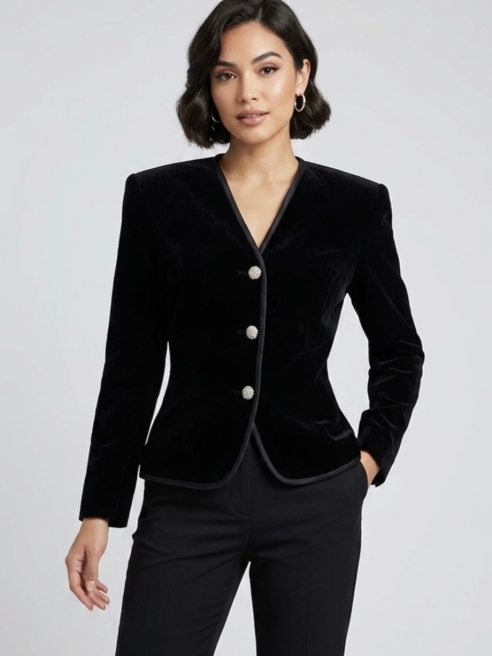 Vintage Jeanne Alexander Womens 14 Black Velvet Rhinestone Jacket Evening Blazer